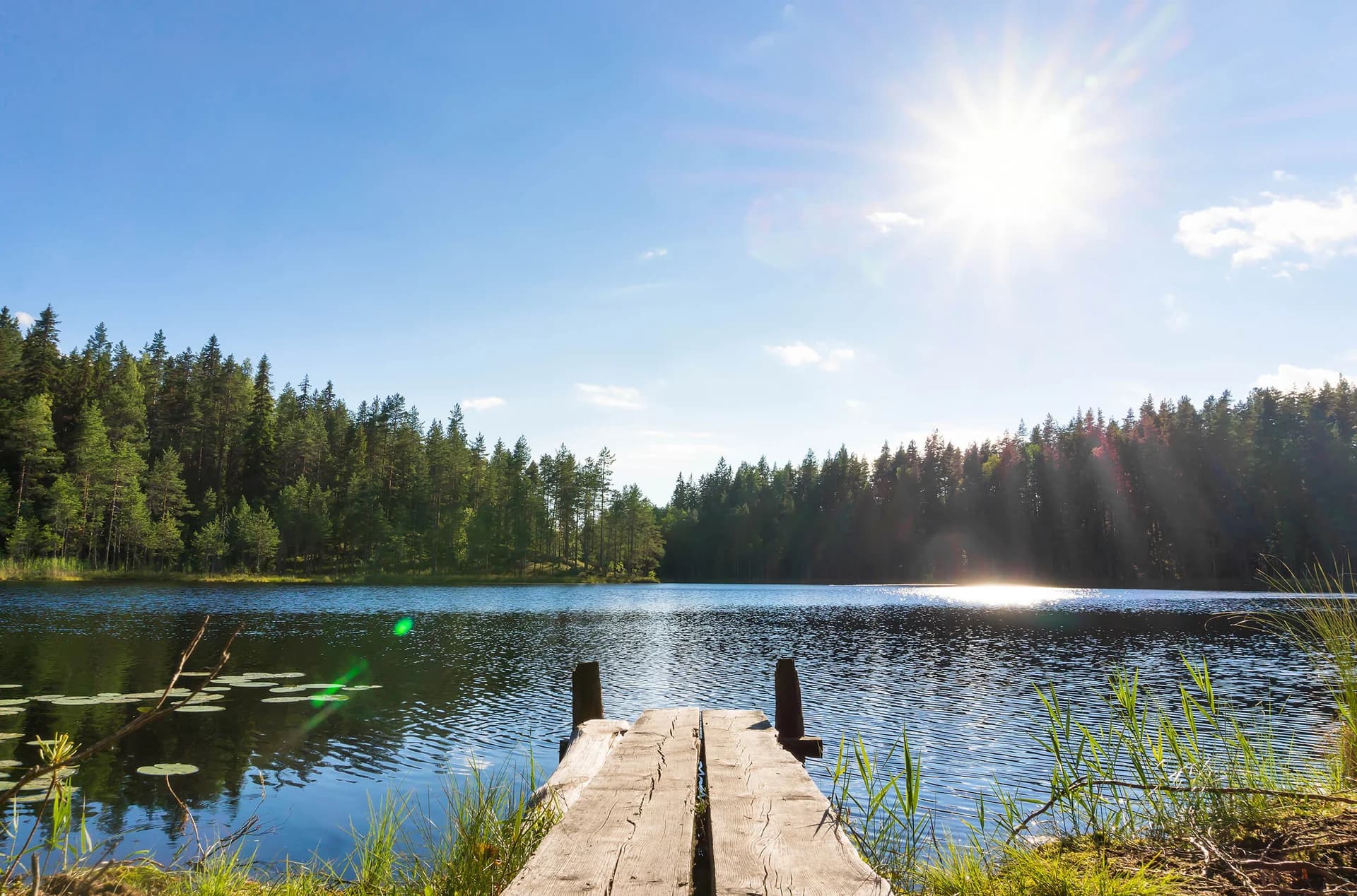 Drewniany pomost na jeziorze w słoneczny dzień — widok spod Młyna nad Sanną
